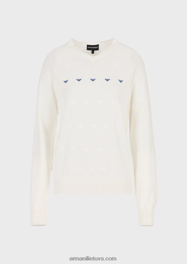 moterysArmani Vieno mezgimo megztinis V formos iškirpte su erelio siuvinėjimu 02482X199