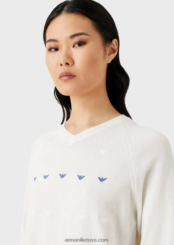 moterysArmani Vieno mezgimo megztinis V formos iškirpte su erelio siuvinėjimu 02482X199