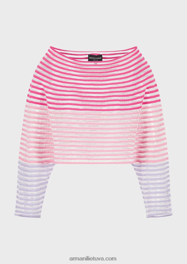 moterys daugiaspalvis Armani apkarpytas megztinis su pusiau permatomu dryžuotu žakardo dizainu 02482X212