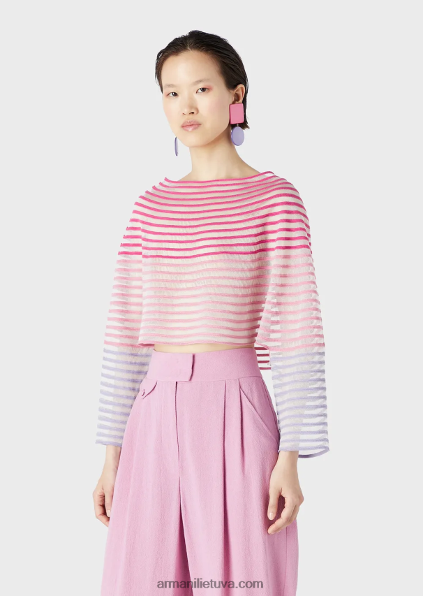 moterys daugiaspalvis Armani apkarpytas megztinis su pusiau permatomu dryžuotu žakardo dizainu 02482X212