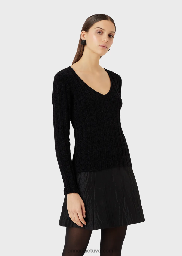 moterys juodas Armani V formos kaklo džemperis iš lurex check žakardo audinio 02482X201