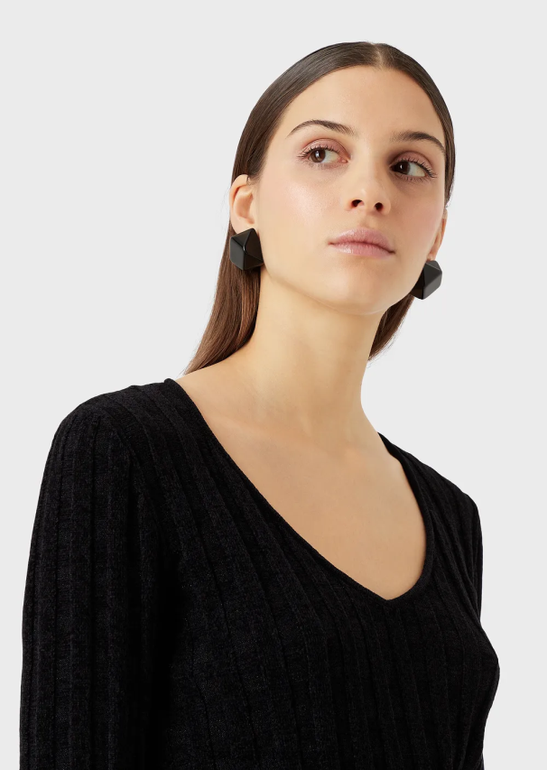 moterys juodas Armani V formos kaklo džemperis iš lurex check žakardo audinio 02482X201