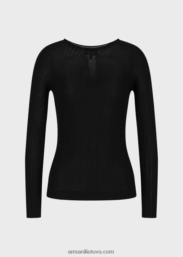 moterys juodas Armani besiūlis briaunotas megztinis su tamprio audinio dryžuotu jungtu 02482X207