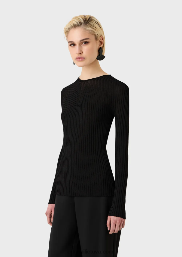 moterys juodas Armani besiūlis briaunotas megztinis su tamprio audinio dryžuotu jungtu 02482X207