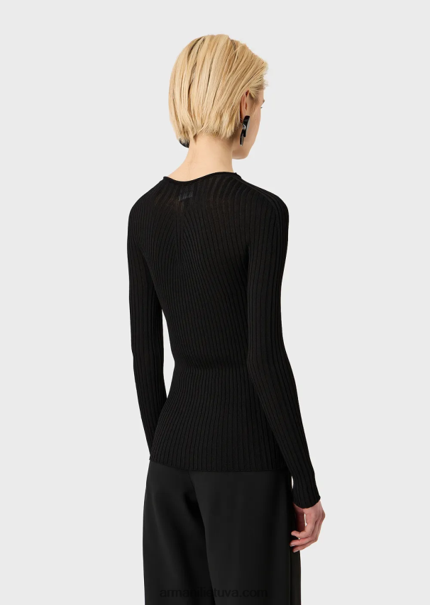 moterys juodas Armani besiūlis briaunotas megztinis su tamprio audinio dryžuotu jungtu 02482X207