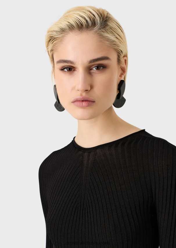 moterys juodas Armani besiūlis briaunotas megztinis su tamprio audinio dryžuotu jungtu 02482X207