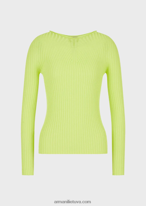 moterys laimo žalia Armani besiūlis briaunotas megztinis su tamprio audinio dryžuotu jungtu 02482X208