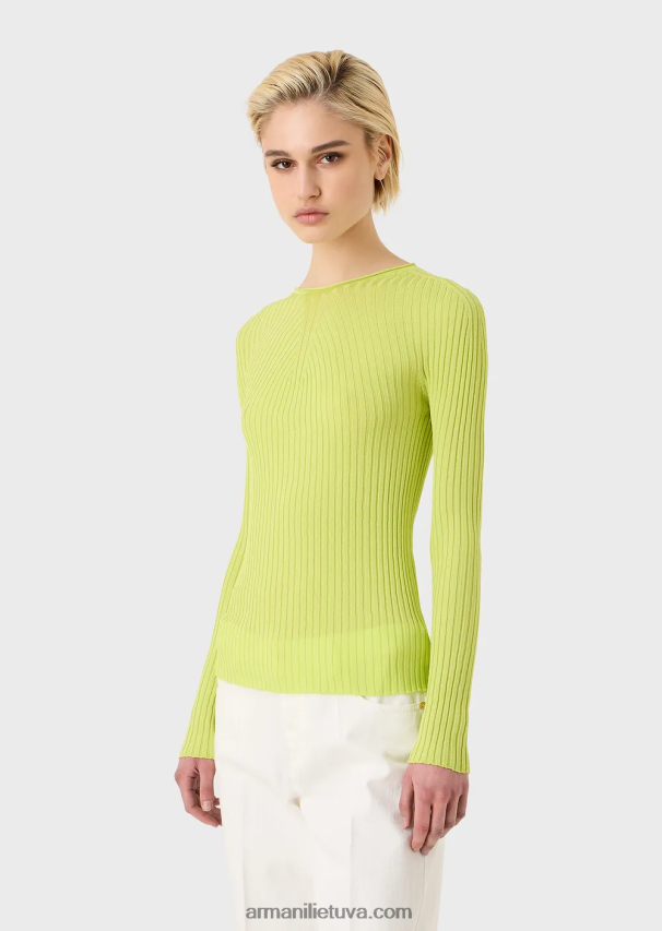 moterys laimo žalia Armani besiūlis briaunotas megztinis su tamprio audinio dryžuotu jungtu 02482X208