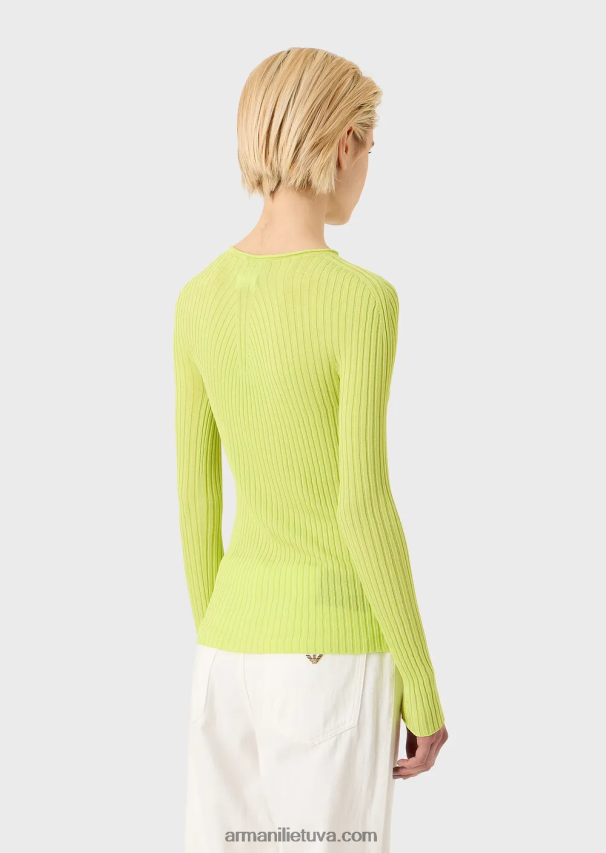 moterys laimo žalia Armani besiūlis briaunotas megztinis su tamprio audinio dryžuotu jungtu 02482X208