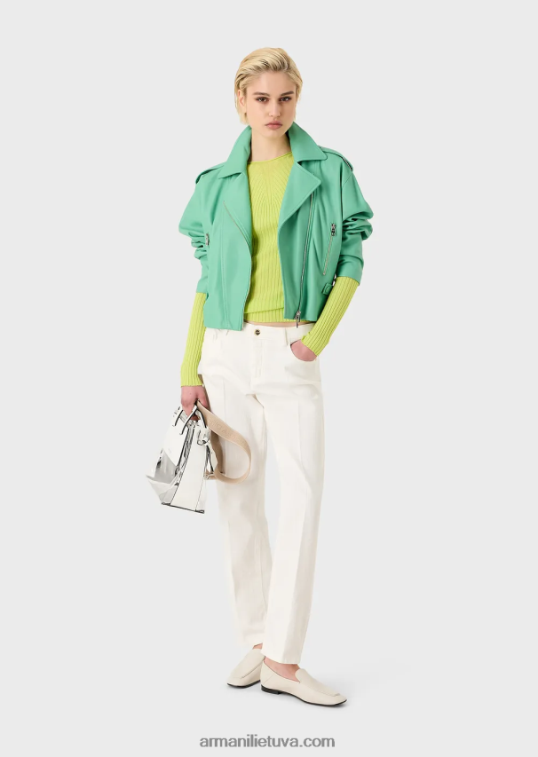 moterys laimo žalia Armani besiūlis briaunotas megztinis su tamprio audinio dryžuotu jungtu 02482X208