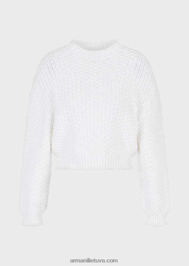 moterys pieno baltumo Armani besiūlis džemperis su samanų dygsniu 02482X206