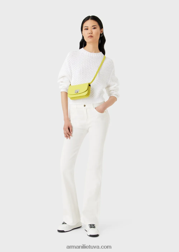 moterys pieno baltumo Armani besiūlis džemperis su samanų dygsniu 02482X206