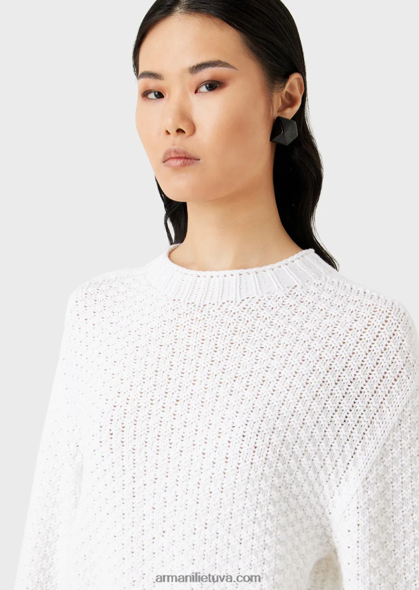 moterys pieno baltumo Armani besiūlis džemperis su samanų dygsniu 02482X206