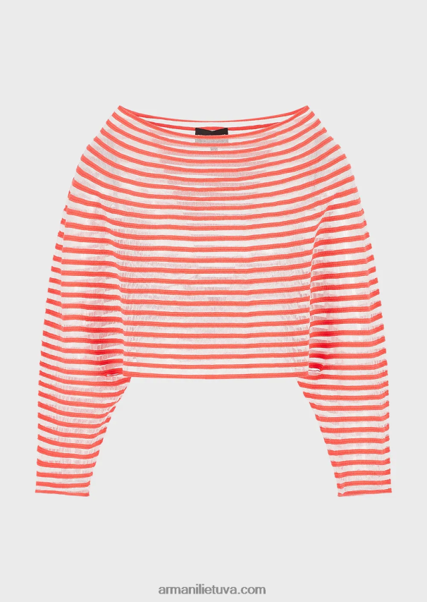 moterys raudona Armani apkarpytas megztinis su pusiau permatomu dryžuotu žakardo dizainu 02482X213