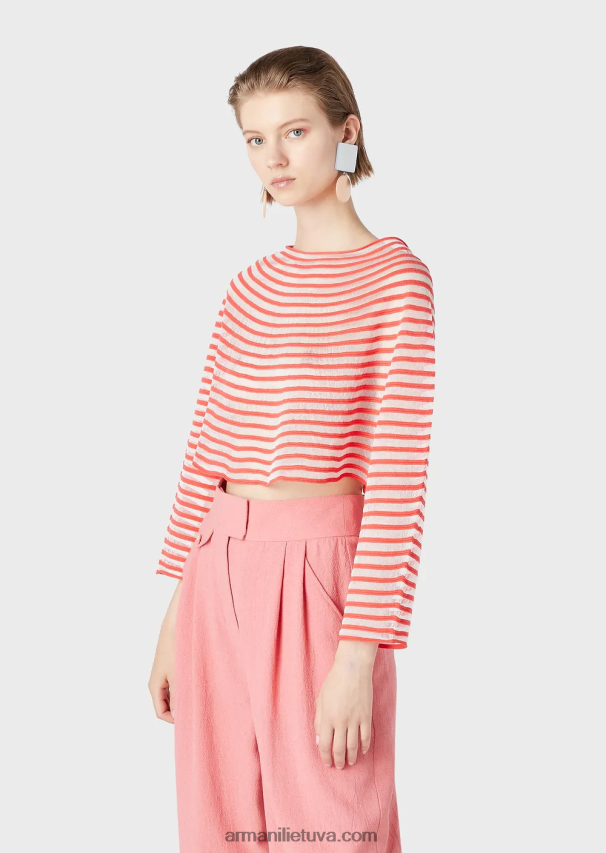 moterys raudona Armani apkarpytas megztinis su pusiau permatomu dryžuotu žakardo dizainu 02482X213