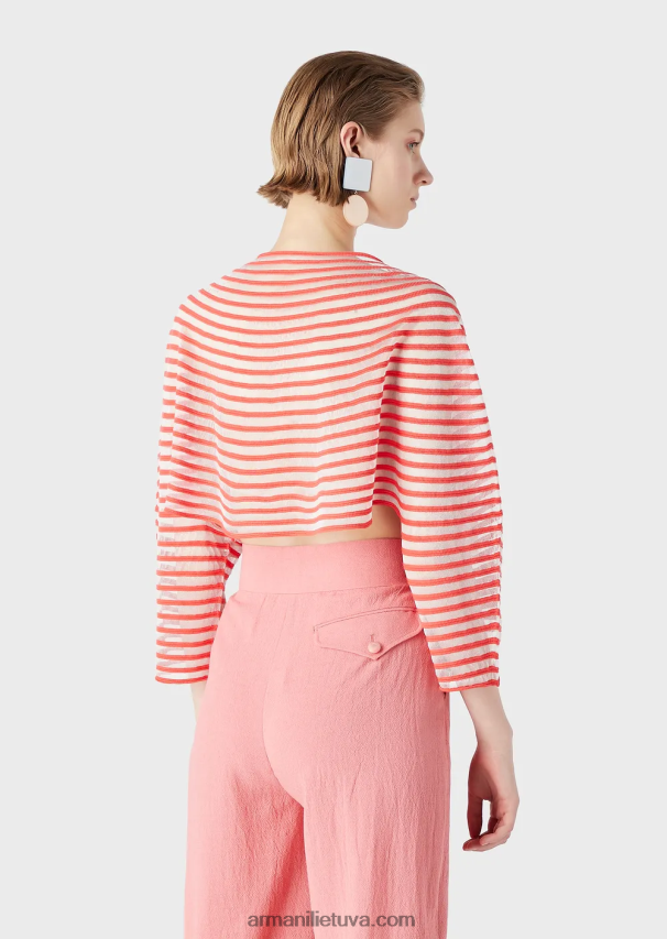 moterys raudona Armani apkarpytas megztinis su pusiau permatomu dryžuotu žakardo dizainu 02482X213