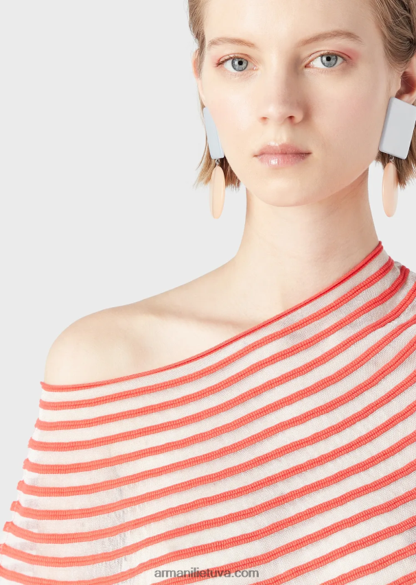 moterys raudona Armani apkarpytas megztinis su pusiau permatomu dryžuotu žakardo dizainu 02482X213