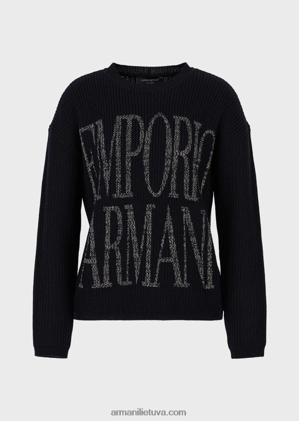 moterys tamsiai mėlyna Armani kukurūzų burbuolių dygsnio džemperis iš vilnos mišinio su žakardo logotipu 02482X200