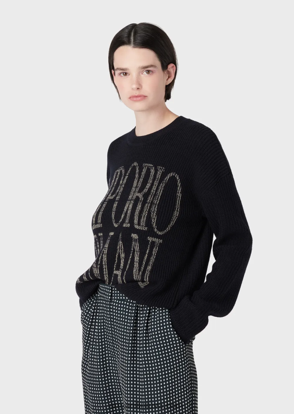 moterys tamsiai mėlyna Armani kukurūzų burbuolių dygsnio džemperis iš vilnos mišinio su žakardo logotipu 02482X200