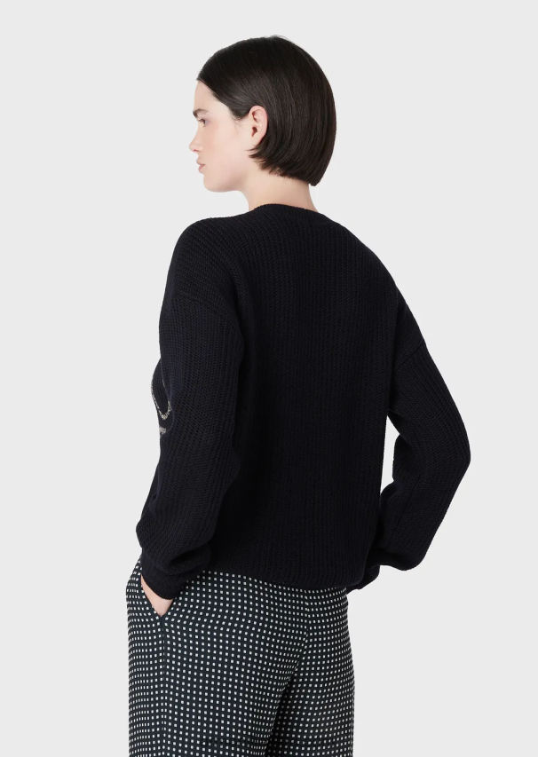 moterys tamsiai mėlyna Armani kukurūzų burbuolių dygsnio džemperis iš vilnos mišinio su žakardo logotipu 02482X200