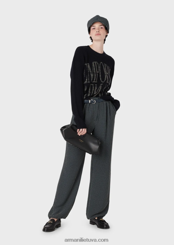 moterys tamsiai mėlyna Armani kukurūzų burbuolių dygsnio džemperis iš vilnos mišinio su žakardo logotipu 02482X200