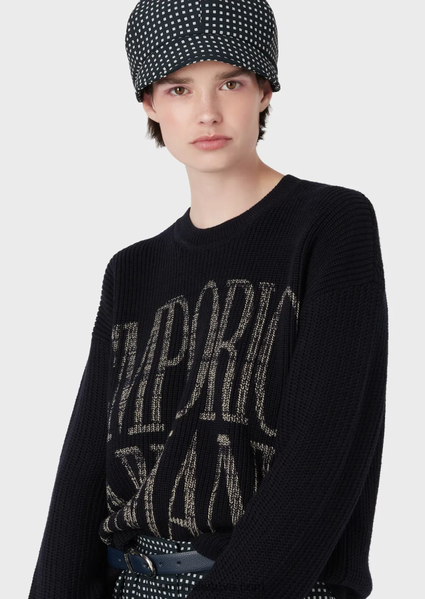 moterys tamsiai mėlyna Armani kukurūzų burbuolių dygsnio džemperis iš vilnos mišinio su žakardo logotipu 02482X200