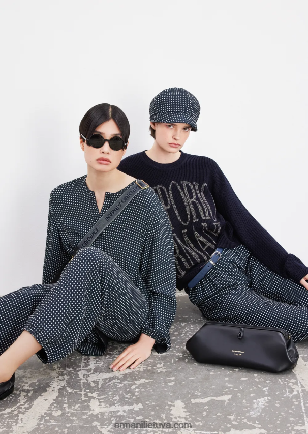 moterys tamsiai mėlyna Armani kukurūzų burbuolių dygsnio džemperis iš vilnos mišinio su žakardo logotipu 02482X200