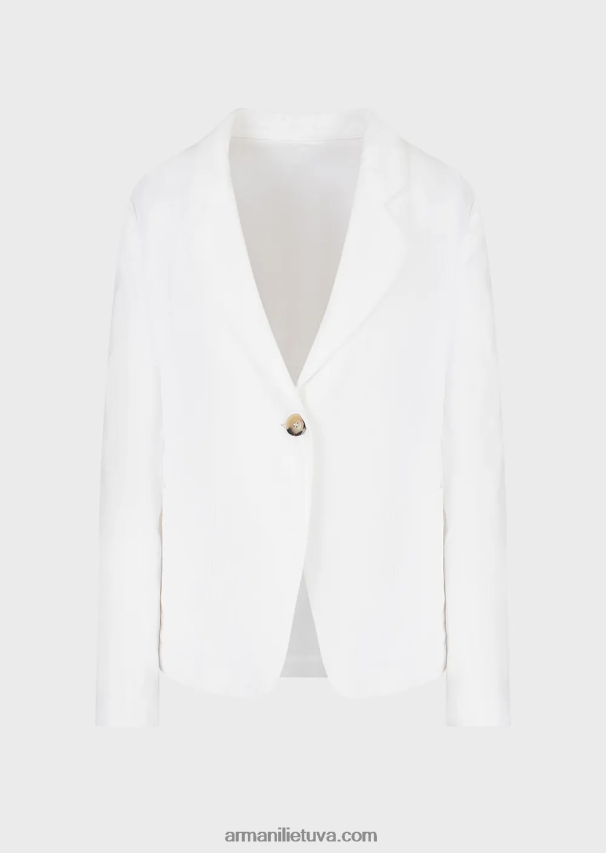 moterys baltas Armani Šantungo efekto lino mišinio vienaeilė striukė su akutėmis ir užsegama nugara 02482X417