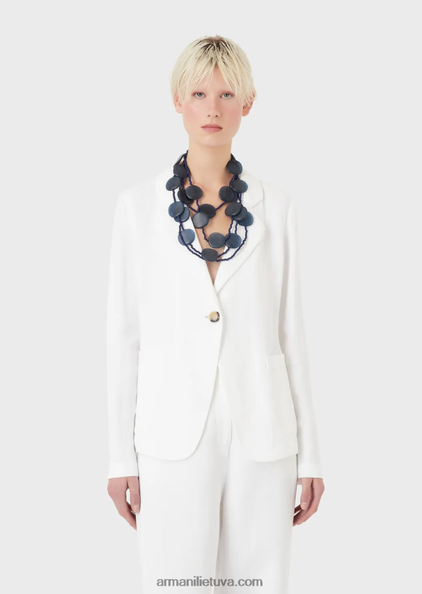 moterys baltas Armani Šantungo efekto lino mišinio vienaeilė striukė su akutėmis ir užsegama nugara 02482X417