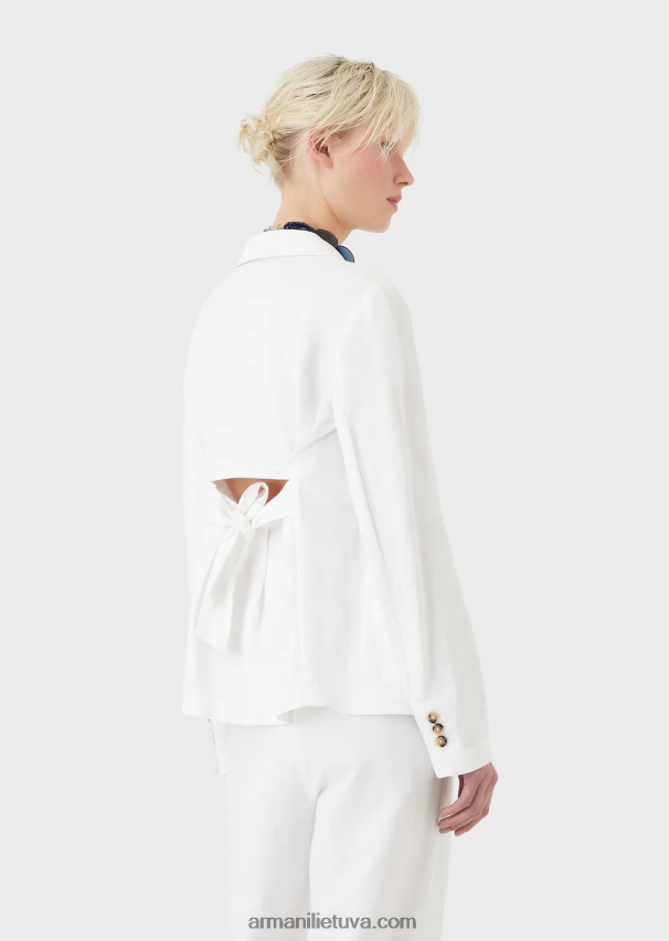 moterys baltas Armani Šantungo efekto lino mišinio vienaeilė striukė su akutėmis ir užsegama nugara 02482X417