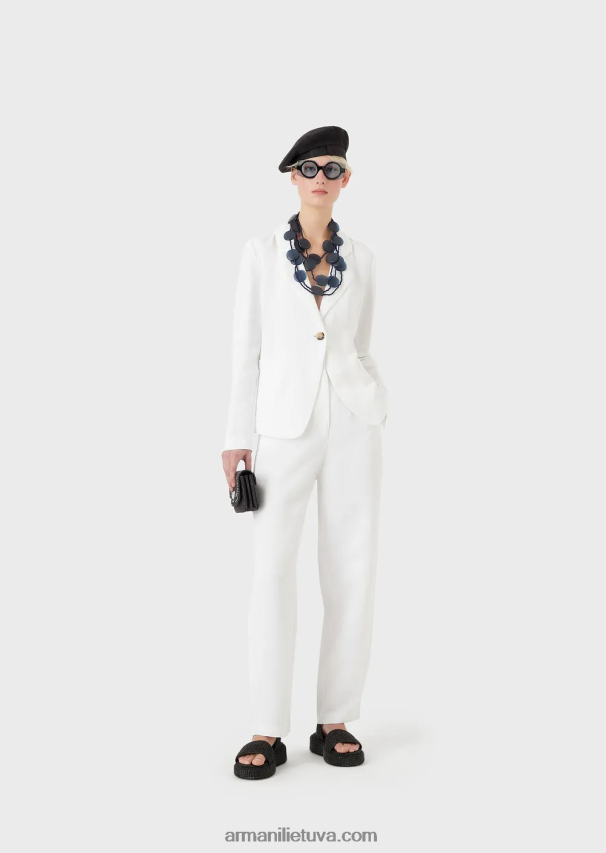 moterys baltas Armani Šantungo efekto lino mišinio vienaeilė striukė su akutėmis ir užsegama nugara 02482X417
