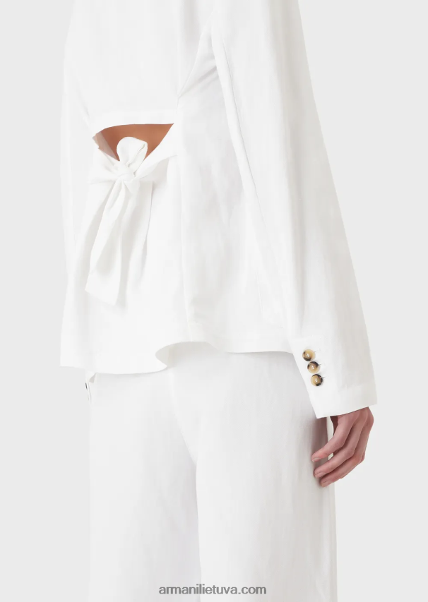 moterys baltas Armani Šantungo efekto lino mišinio vienaeilė striukė su akutėmis ir užsegama nugara 02482X417