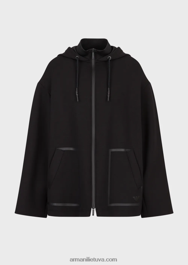 moterys juodas Armani Didelio dydžio megztinis su užtrauktuku gobtuvu iš akvalanginio audinio 02482X240