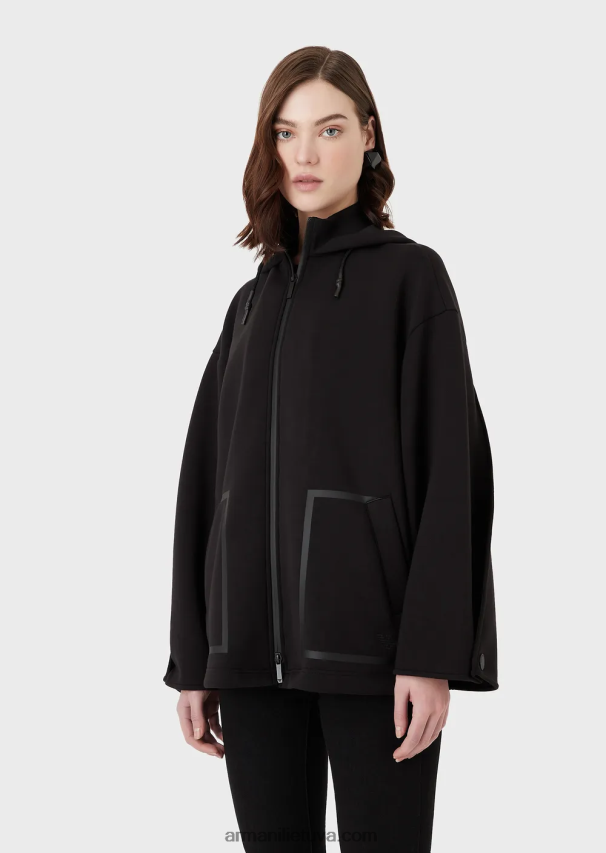 moterys juodas Armani Didelio dydžio megztinis su užtrauktuku gobtuvu iš akvalanginio audinio 02482X240