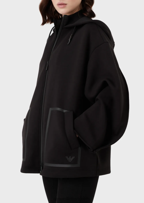 moterys juodas Armani Didelio dydžio megztinis su užtrauktuku gobtuvu iš akvalanginio audinio 02482X240