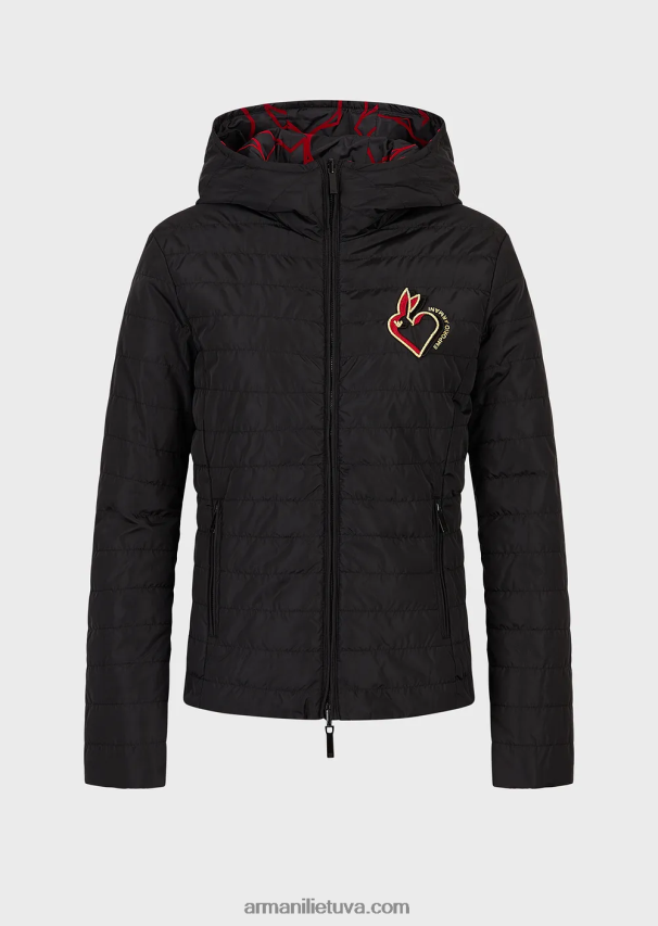 moterys juodas Armani apverčiama dygsniuota striukė su gobtuvu 02482X238