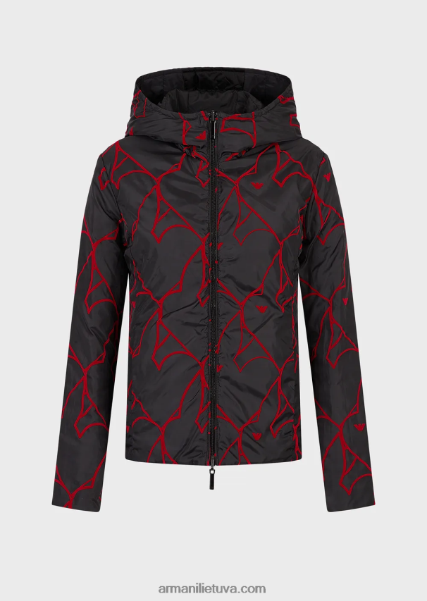 moterys juodas Armani apverčiama dygsniuota striukė su gobtuvu 02482X238