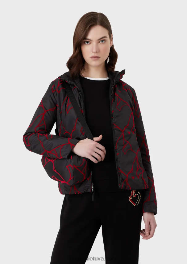 moterys juodas Armani apverčiama dygsniuota striukė su gobtuvu 02482X238