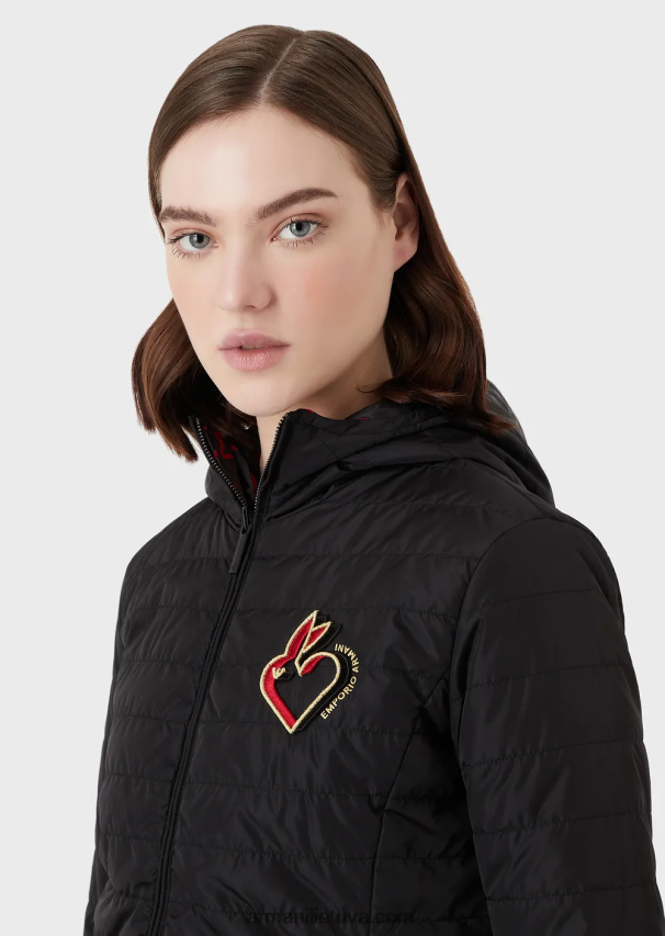 moterys juodas Armani apverčiama dygsniuota striukė su gobtuvu 02482X238