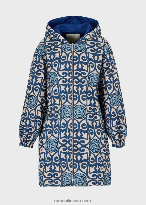 moterys mėlyna Armani tvarios kolekcijos apverčiamas organinis ruoželinis parkas su gobtuvu ir virvele 02482X249