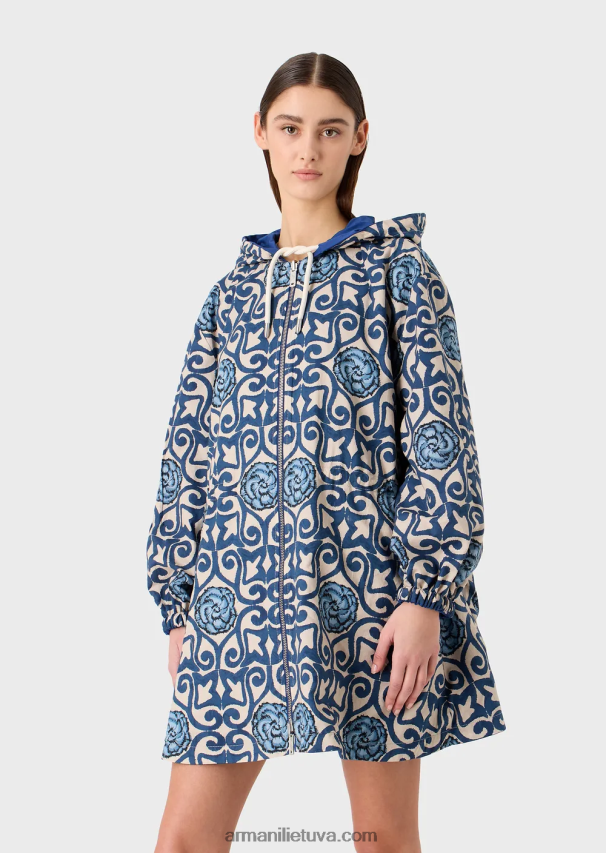 moterys mėlyna Armani tvarios kolekcijos apverčiamas organinis ruoželinis parkas su gobtuvu ir virvele 02482X249