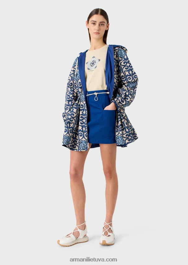 moterys mėlyna Armani tvarios kolekcijos apverčiamas organinis ruoželinis parkas su gobtuvu ir virvele 02482X249