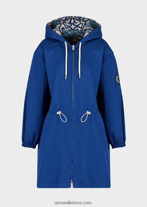 moterys mėlyna Armani tvarios kolekcijos apverčiamas organinis ruoželinis parkas su gobtuvu ir virvele 02482X249