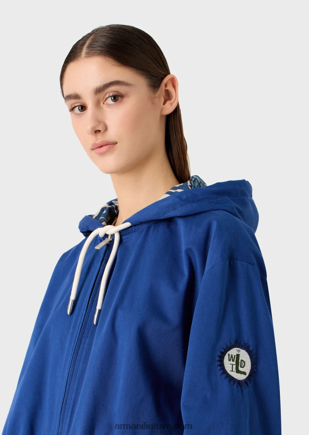 moterys mėlyna Armani tvarios kolekcijos apverčiamas organinis ruoželinis parkas su gobtuvu ir virvele 02482X249