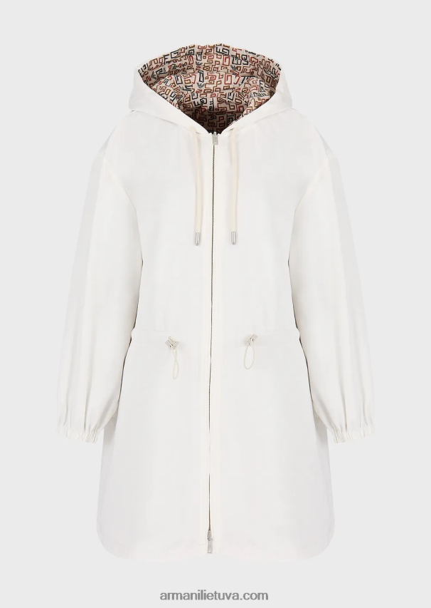 moterys pieno baltumo Armani tvarios kolekcijos apverčiamas organinis ruoželinis parkas su gobtuvu ir virvele 02482X248