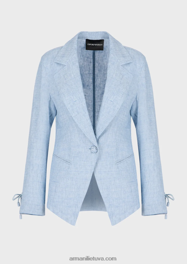 moterys žydros spalvos Armani Jaspe lino striukė vienaeiliui su virvelės detalėmis rankogaliuose 02482X413