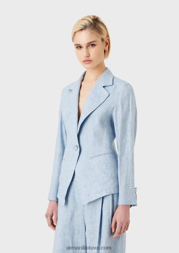 moterys žydros spalvos Armani Jaspe lino striukė vienaeiliui su virvelės detalėmis rankogaliuose 02482X413