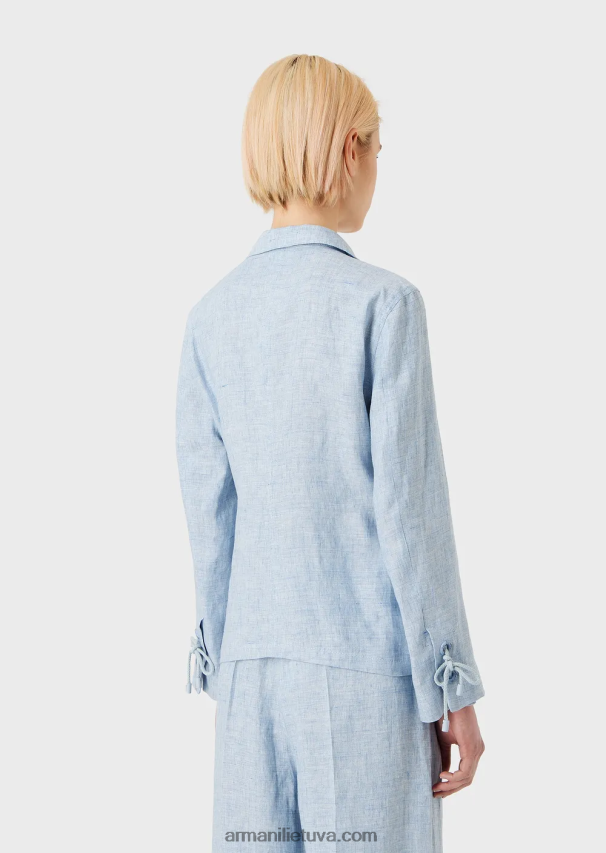 moterys žydros spalvos Armani Jaspe lino striukė vienaeiliui su virvelės detalėmis rankogaliuose 02482X413