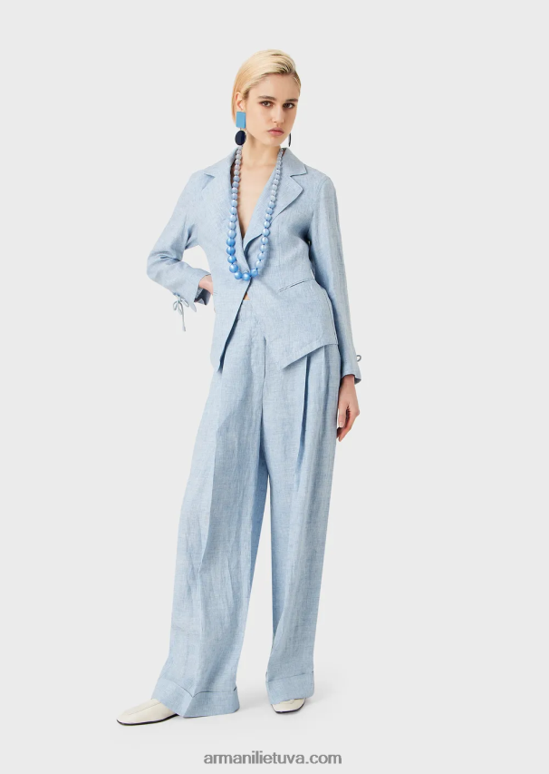 moterys žydros spalvos Armani Jaspe lino striukė vienaeiliui su virvelės detalėmis rankogaliuose 02482X413