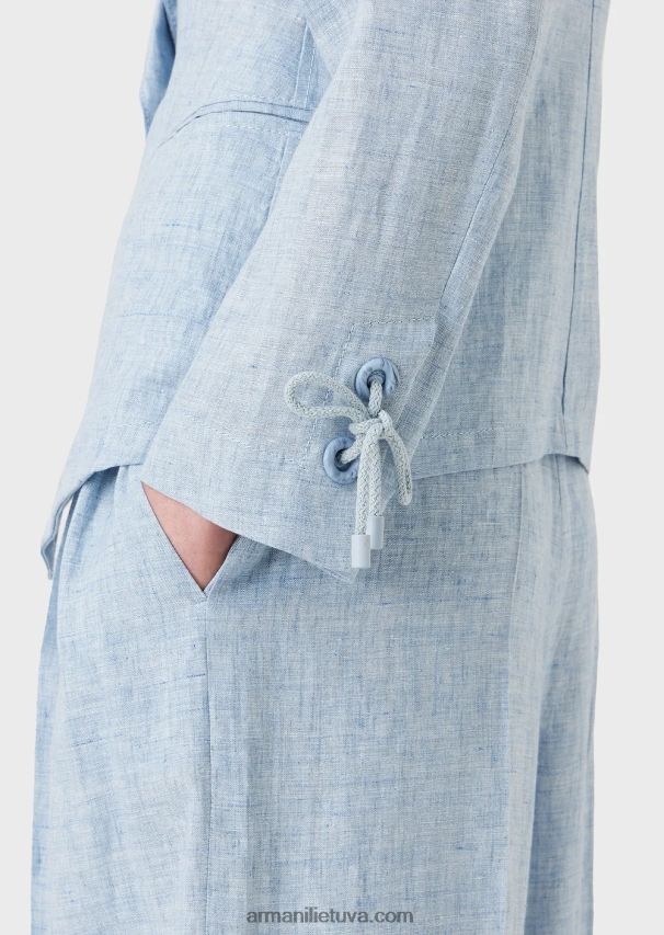 moterys žydros spalvos Armani Jaspe lino striukė vienaeiliui su virvelės detalėmis rankogaliuose 02482X413